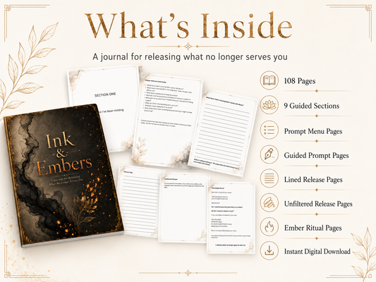 What's inside Ink & Embers: 108 pages, 9 guided sections, prompt pages, lined release pages, ember ritual pages, instant digital download