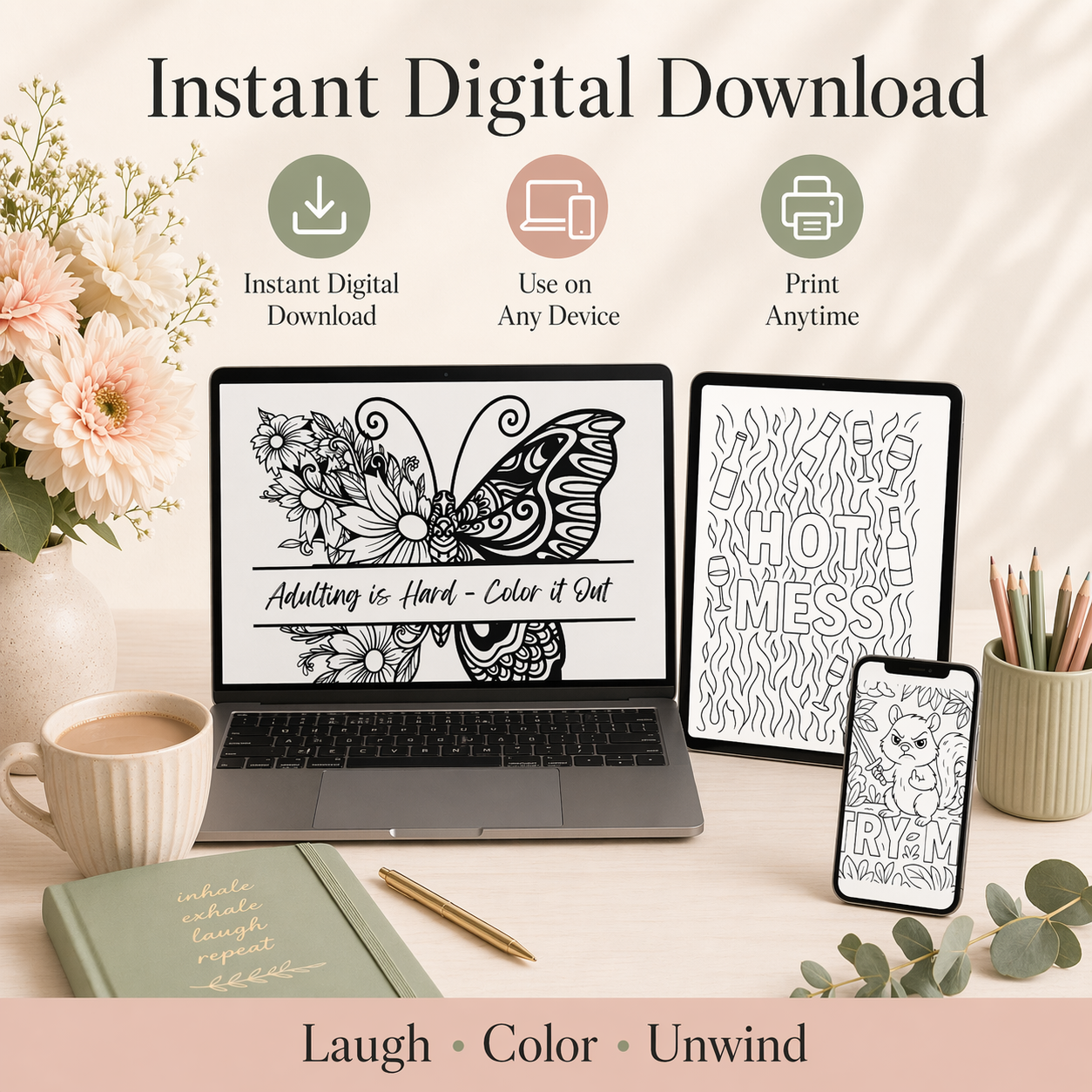 Adulting Is Hard: Color It Out – Funny Adult Coloring Book for Stress Relief & Self-Care (Printable Digital Download)