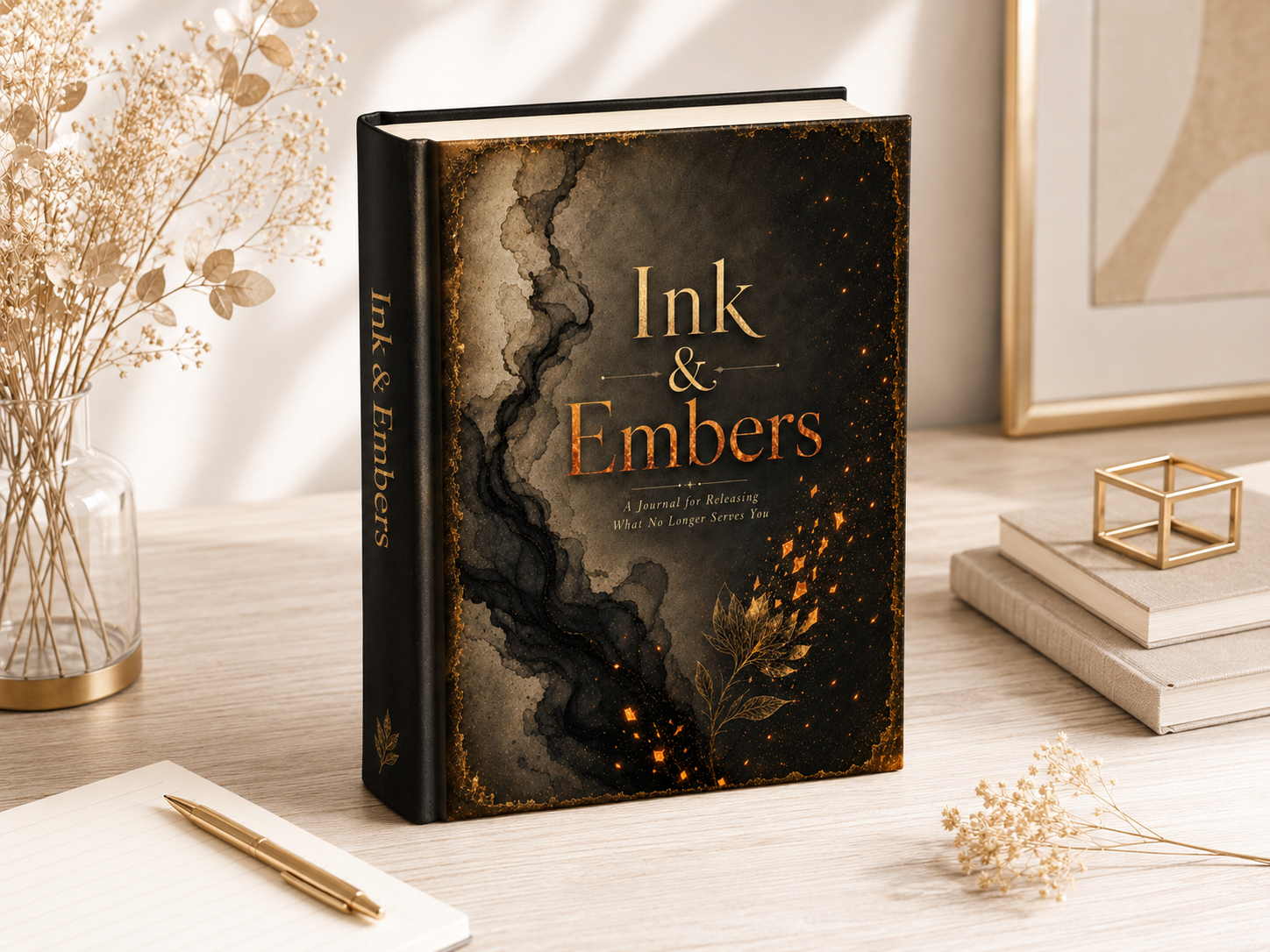 Ink & Embers guided journal cover on a light wood desk with gold pen and dried florals, a journal for releasing what no longer serves you