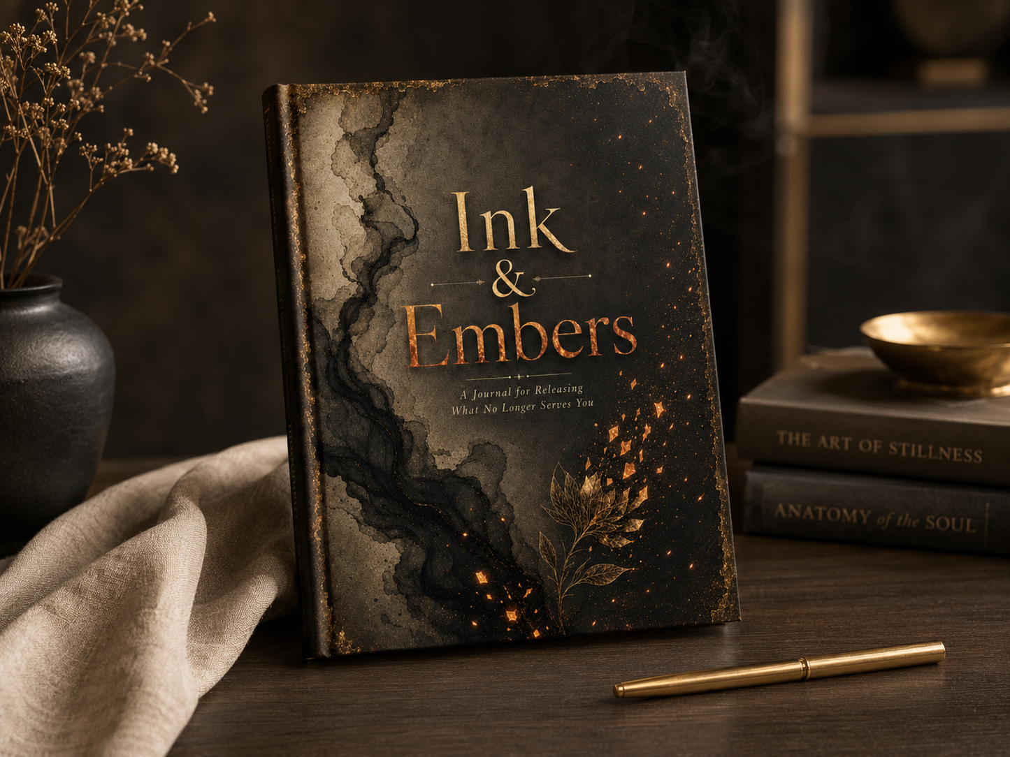  Ink & Embers journal cover styled on a dark surface with smoke and candlelight, a grief and emotional release journal