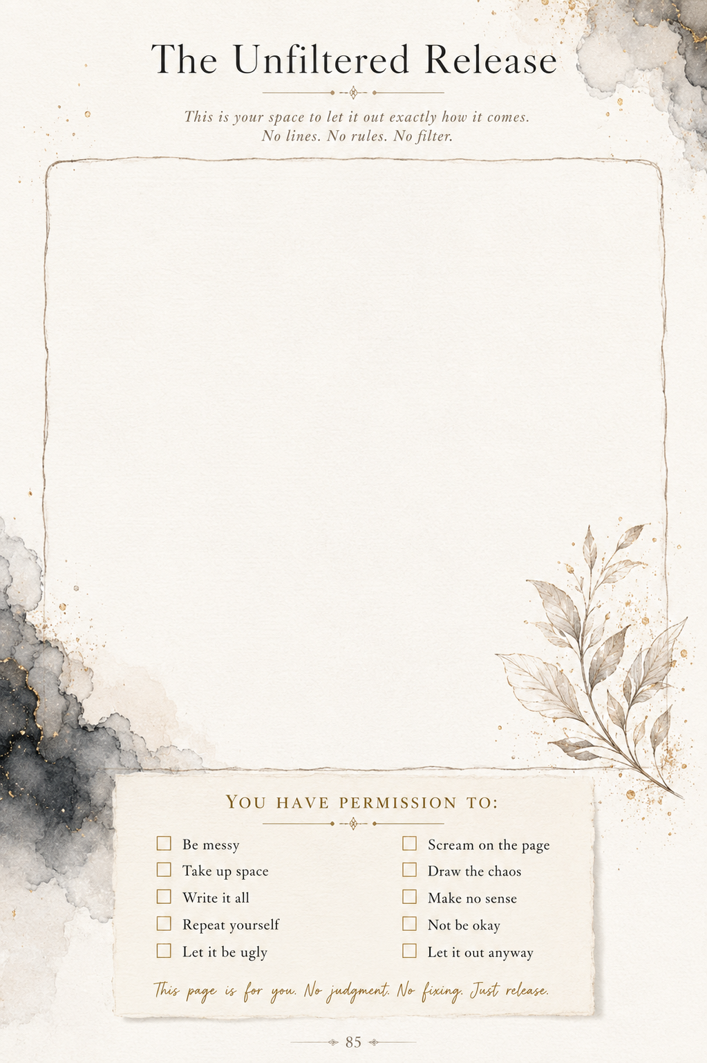 The Unfiltered Release page from Ink & Embers with permission prompts to be messy, take up space, and let it out