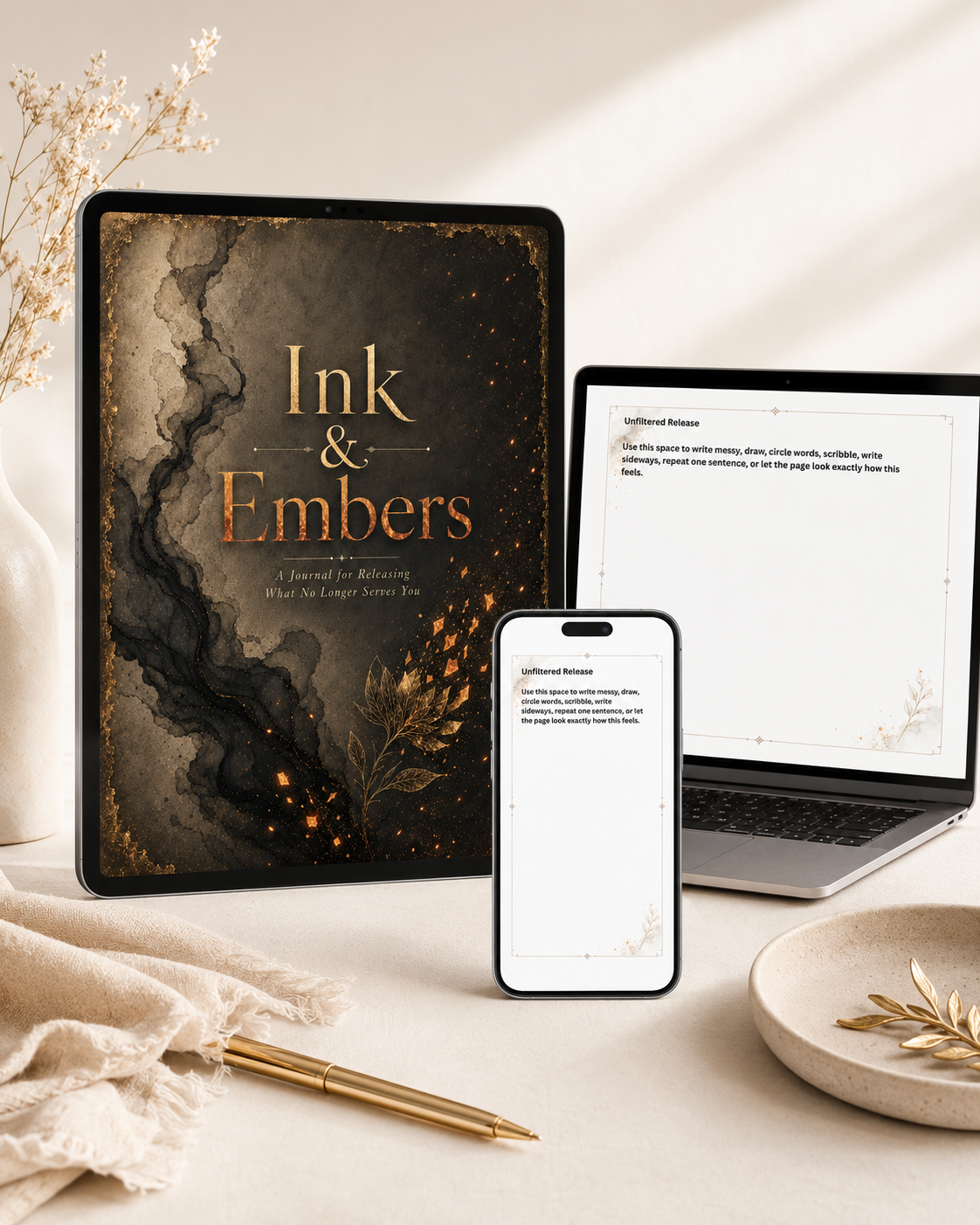 Ink & Embers digital journal shown on tablet, phone, and laptop, an instant printable download for any device