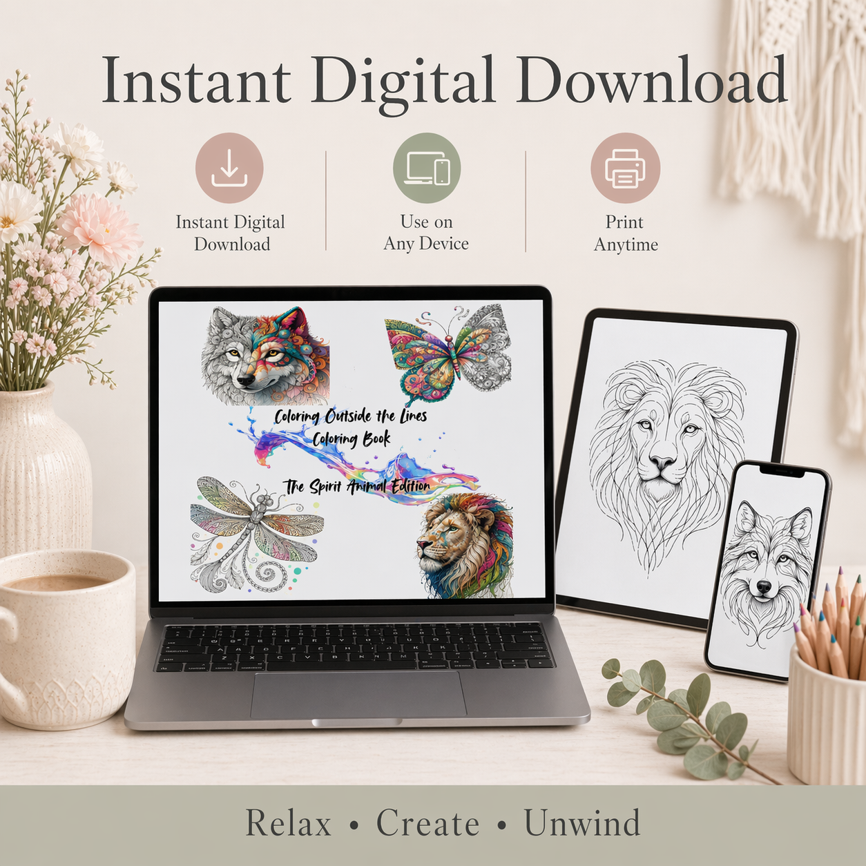 Color Outside the Lines: Spirit Animal Coloring Book for Mindfulness & Self-Expression (Printable Digital Download)