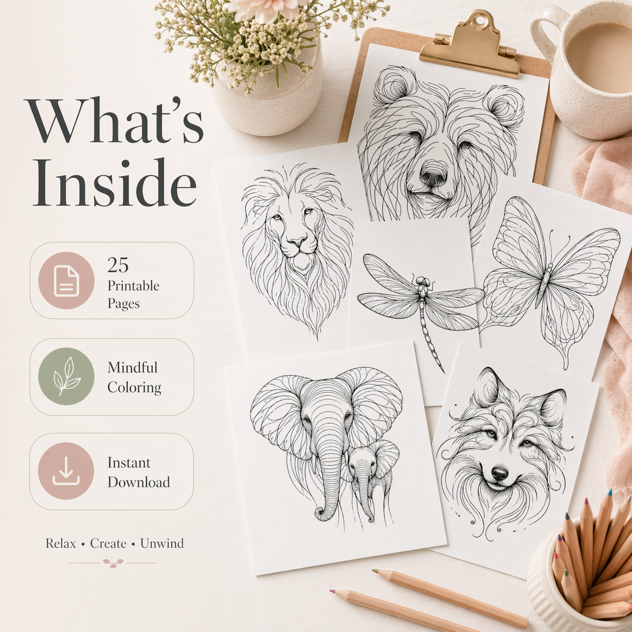 Color Outside the Lines: Spirit Animal Coloring Book for Mindfulness & Self-Expression (Printable Digital Download)