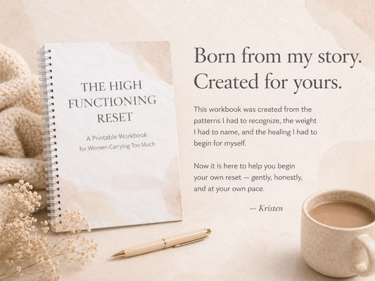 The High-Functioning Reset workbook cover displayed on a desk, a 70-page printable workbook for women carrying too much