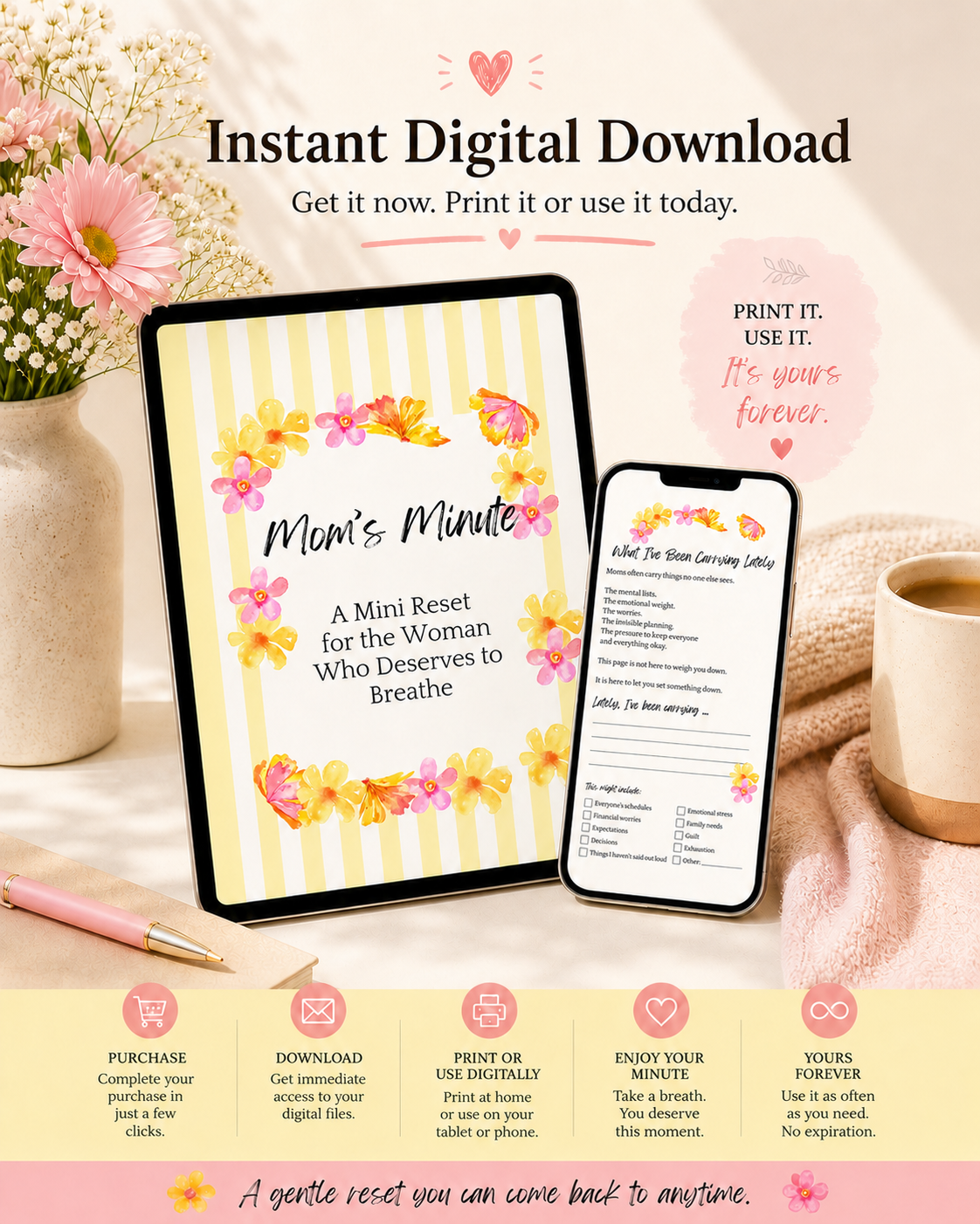 Mom's Minute mini reset shown as an instant digital download on tablet and printed