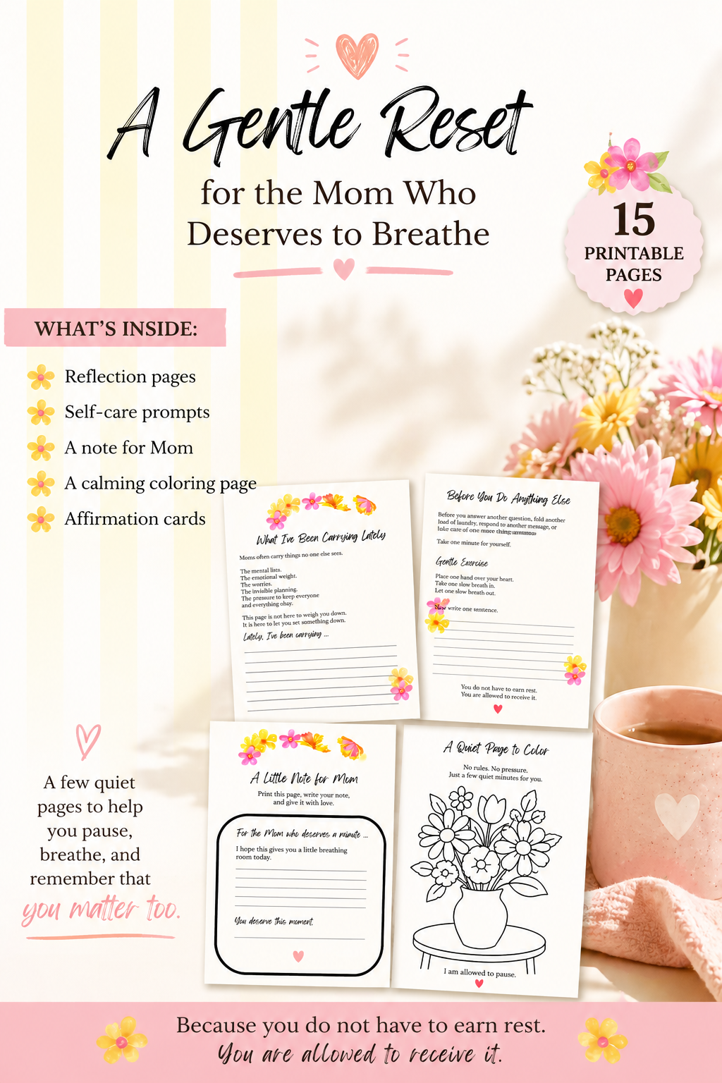 What's inside Mom's Minute: quick self-care check-ins and affirmation cards for overwhelmed moms
